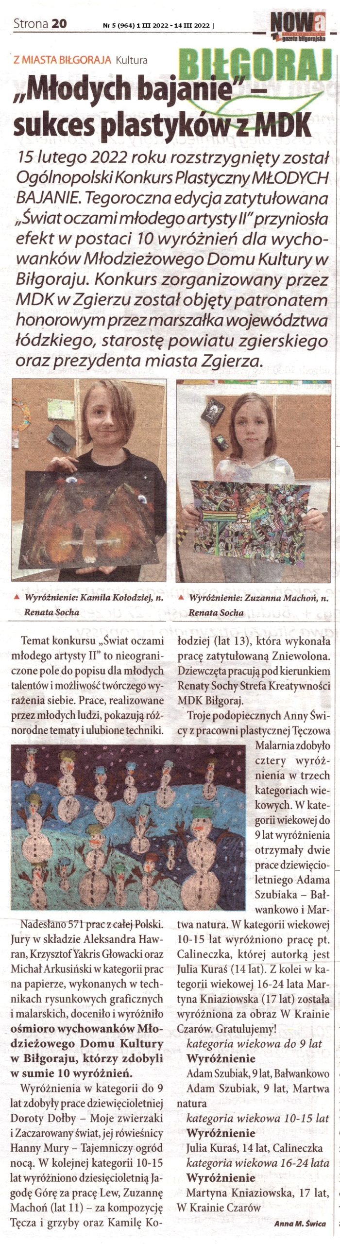 artykuł w gazecie NOWA Biłgorajska - zatytułowany Młodych bajanie - sukces plastyków z MDK