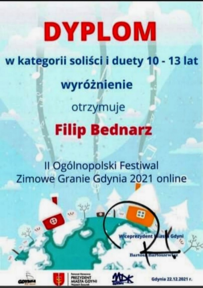 dyplom - Wyróżnienie Filip Bednarz - Zimowe Granie Gdynia 2021