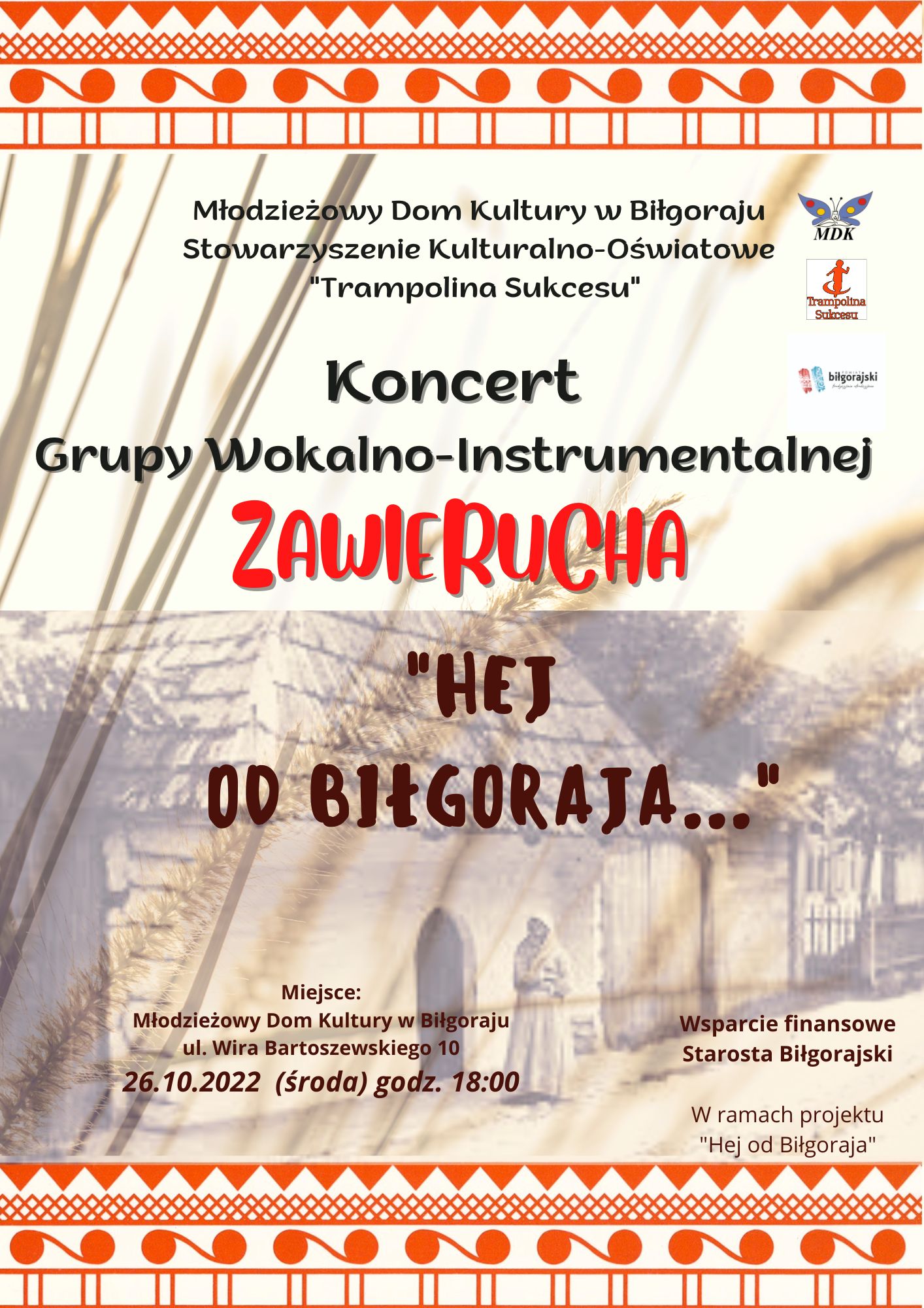 Plakat - Koncert grupy wokalno-instrumentalnej Zawierucha 26 października 2022 Pionowy