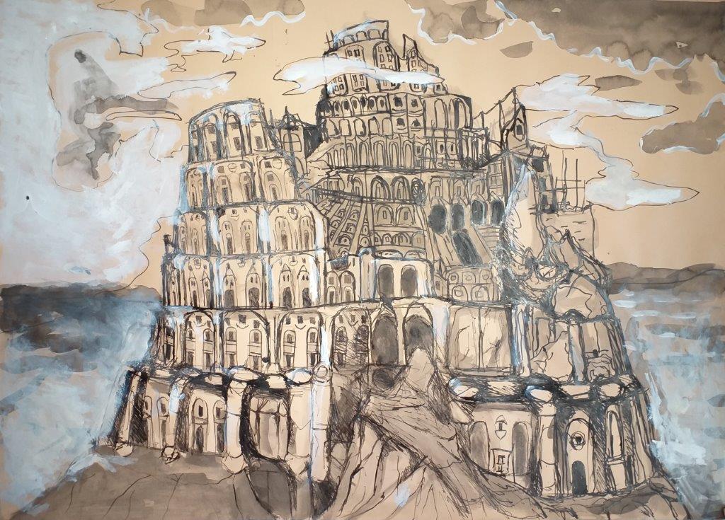 lawowany rysunek tuszem autorstwa Stanisława Pindora, który zainspirowany obrazem Petera Bruegla narysował „Wieżę Babel”.