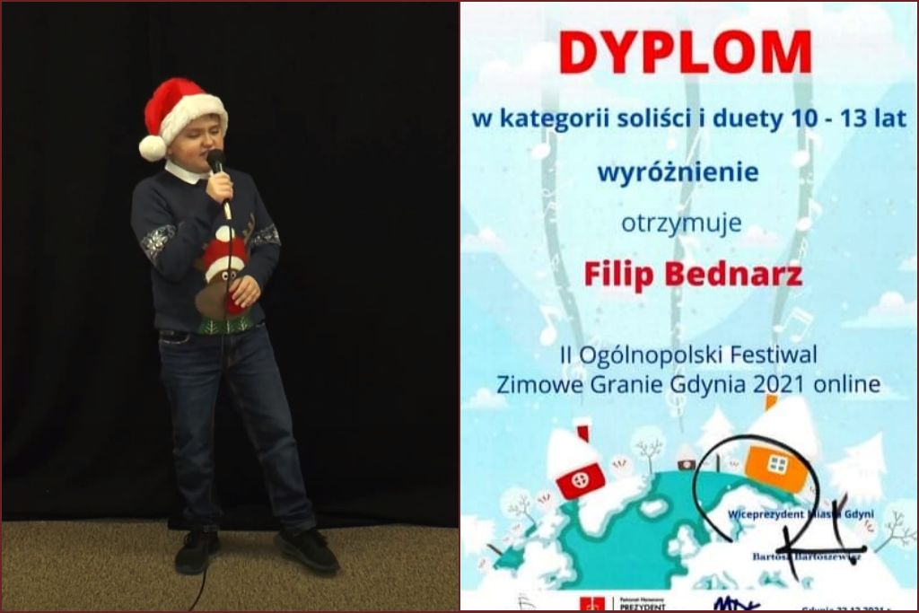 na zdjęciu Filip Bendarz podczas śpiewania piosenki "Bosy pastuszek", konkurs Zimowe Granie Gdynia'2021 oraz dyplom za wyróżnienie
