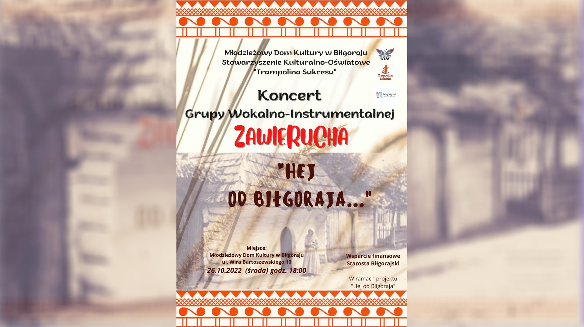 Plakat - Koncert grupy wokalno-instrumentalnej Zawierucha 26 października 2022
