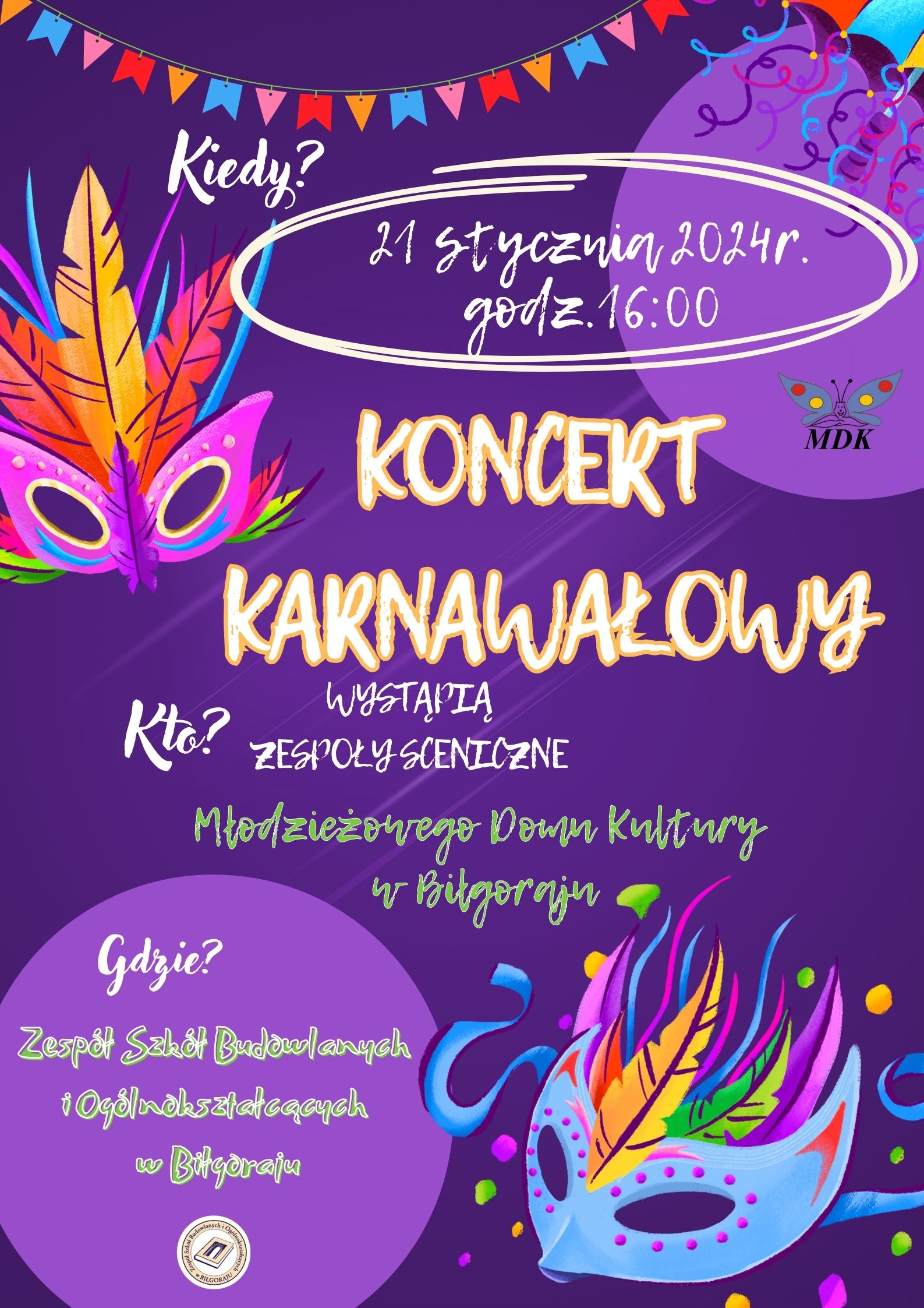 Rezerwujcie 📅☑️ termin na 21 stycznia na Koncert Karnawałowy. 🎭🩰💃🕺👯‍♀️ Wystąpią zespoły sceniczne MDK Biłgoraj. Zapraszamy